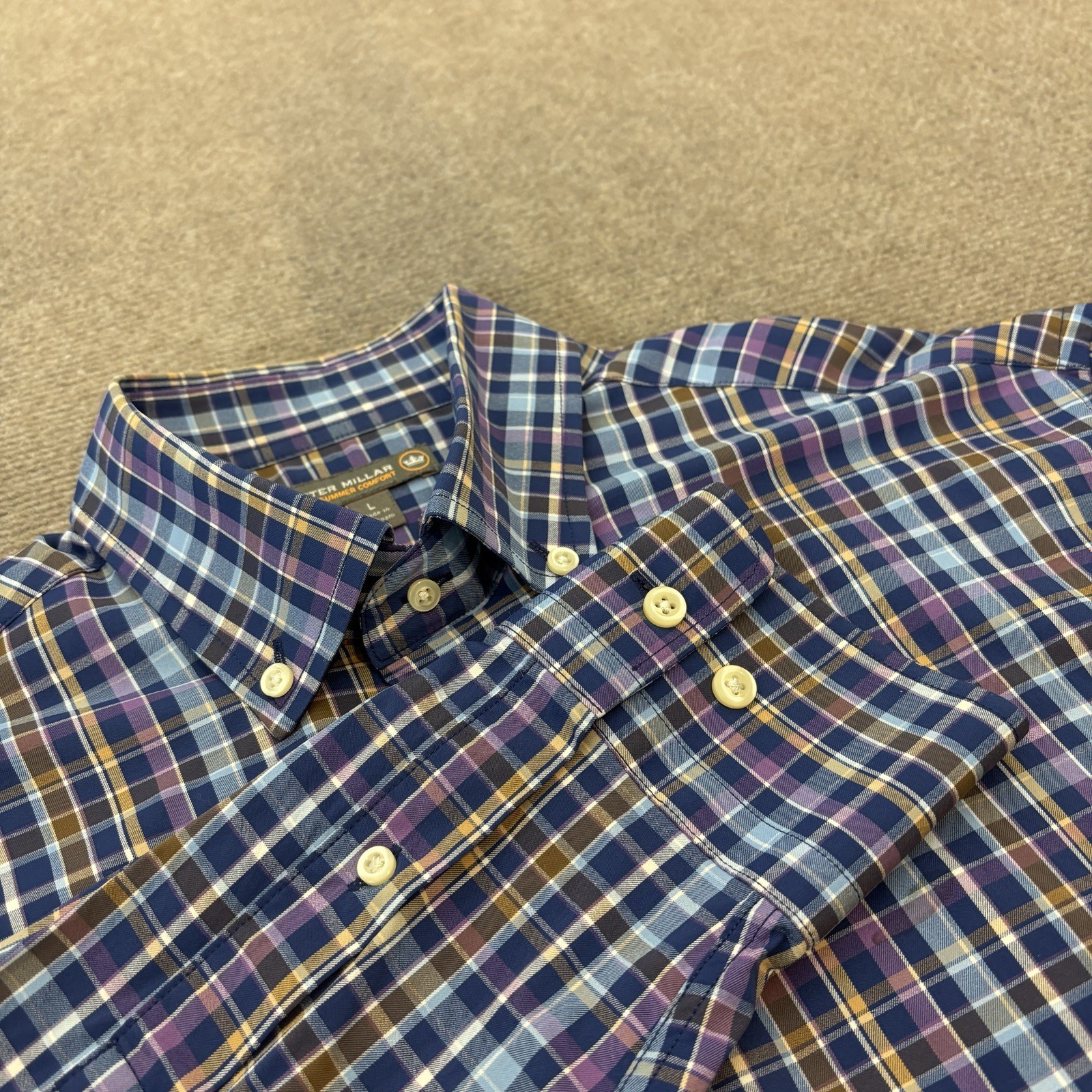 Peter Millar Shirt Mens L Blue Plaid Summer Comfort Stretch Nylon Performance