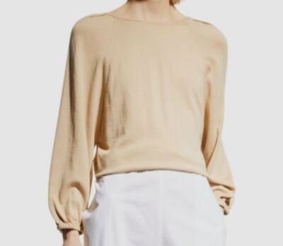 $294 MeimeiJ Women Beige Cotton Tie-Back Cutout Long-Sleeve Knit Top Size 38