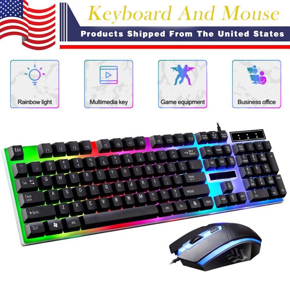 Wired Computer Gaming Keyboard &Mouse Mechanical Feel LED Light Backlit-image