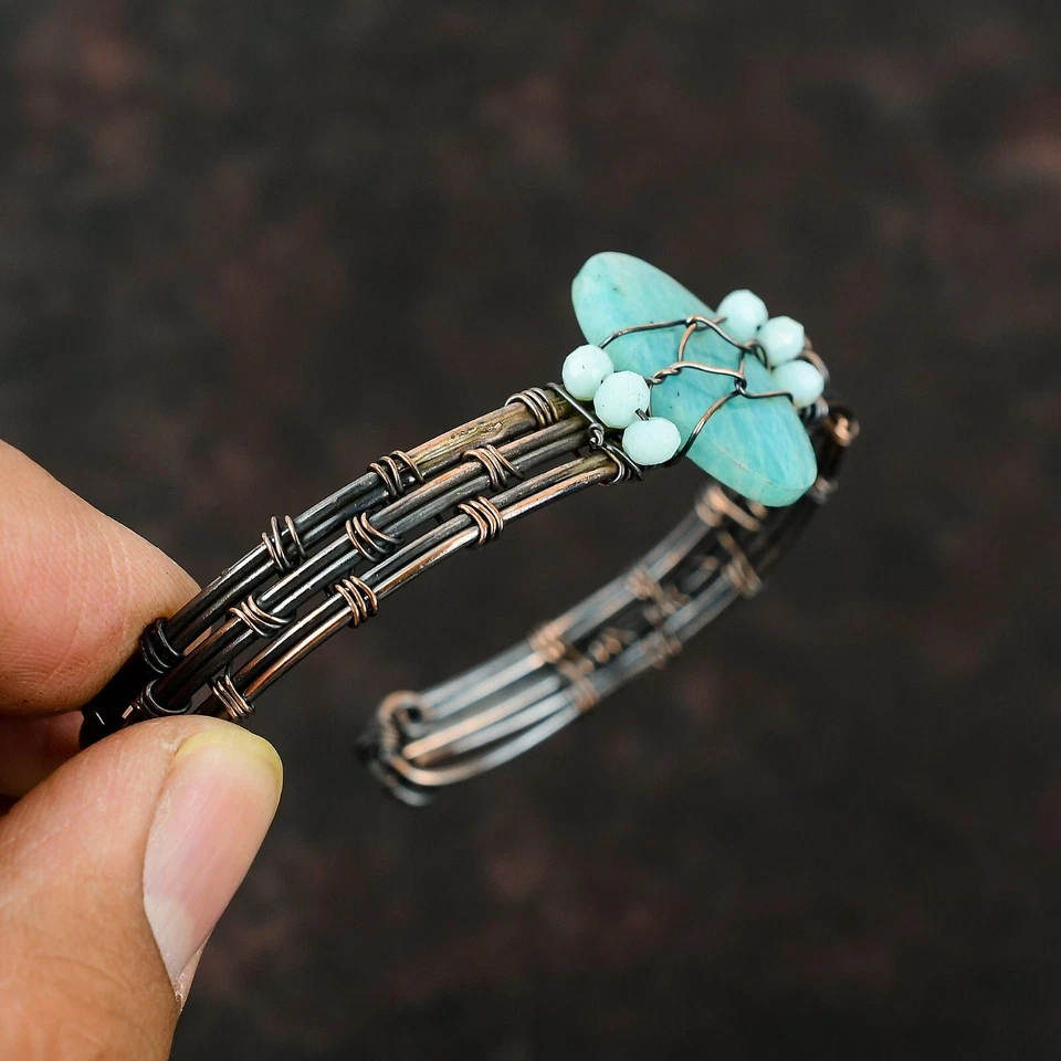 Brazalete ajustable envuelto en alambre de amazonita hecho a mano cobre ropa de fiesta joyería Foto 4 de 4