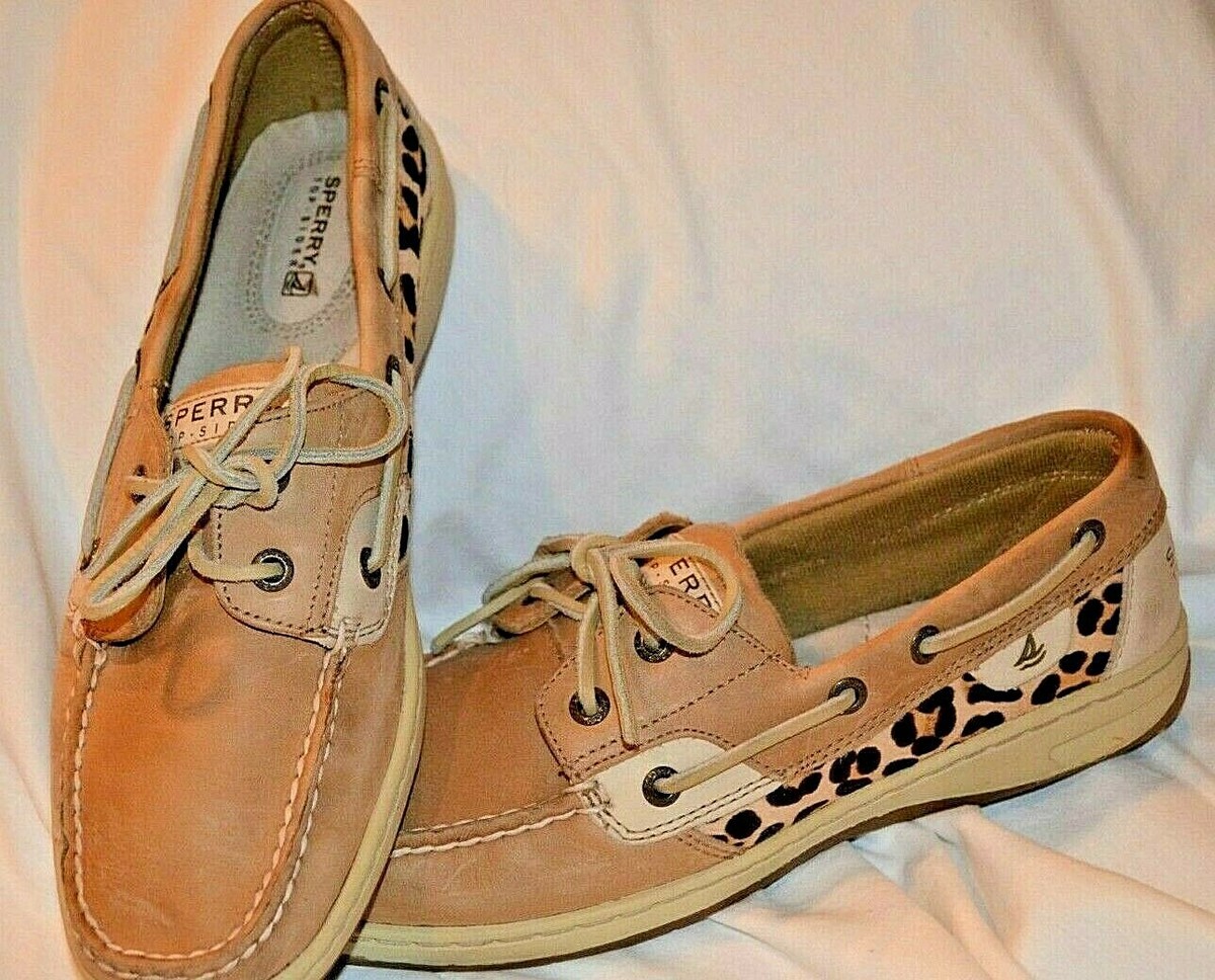 SPERRY Women Sz Tan Leather Bluefish 2-Eyelet Leopard Print Non