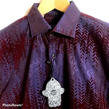 VISCONTI BLACK Shirt Mens Small Flocked Deep Red Chevron Long Sleeve #3986 $125