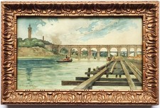 Gemälde Aquarell Fluss Brücke William Frazee Strunz Amerikanischer Künstler 1897