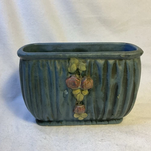 Weller Pottery Drapery Planter- Rectangular, Blue With Pink Flowers- Vintage