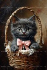 BASKET KITTEN FINE ART PRINT, Victorian Black Cat Home Decor, Animal Poster E587