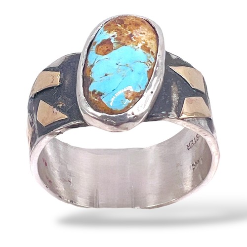 Southwest Sterling Silver Persian Turquoise 10mm Ring 14k Gold Accent SZ 10.5 - Picture 10 of 15