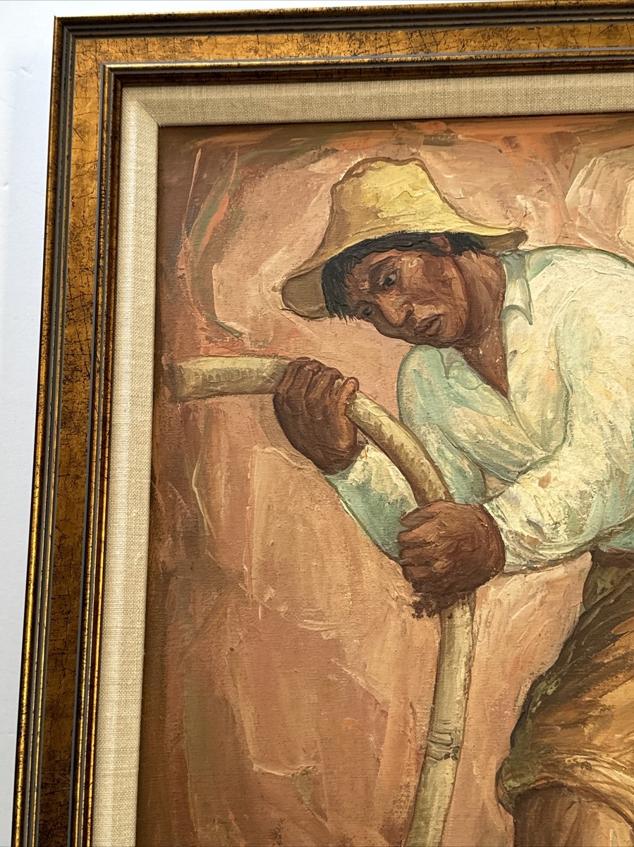 FARM WORKER PAINTING VINTAGE MODERNIST SIGNED LISTED ARTIST OIL 19