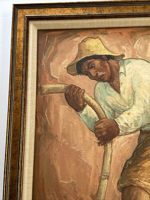 FARM WORKER PAINTING VINTAGE MODERNIST SIGNED LISTED ARTIST OIL 19
