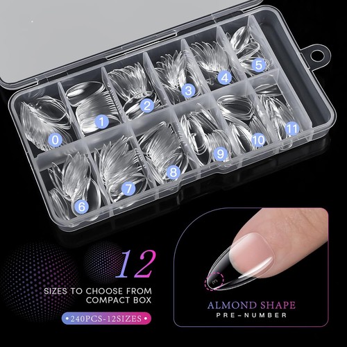 Short Almond Nails - 240Pcs Almond Clear Nail Tips, 12 Sizes Artificial - Picture 6 of 7