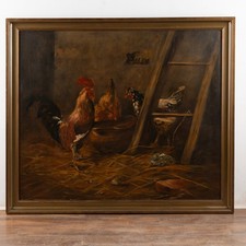 19th Century Spanish Oil on Canvas Barn Scene with Rooster and Chickens