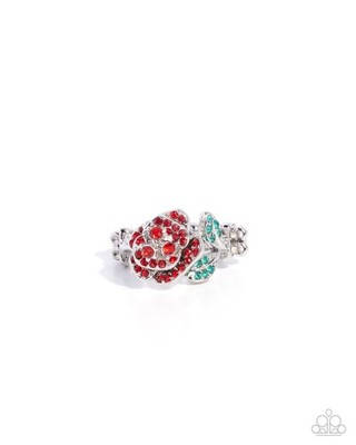 Paparazzi - Blooming Boon - Red - 3D Rose - Red & Green Rhinestones - Dainty Sil