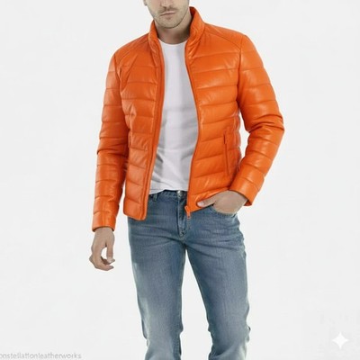 Stylish Casual Lambskin Handmade Motorcycle Leather Men's Orange Puffer Jacket