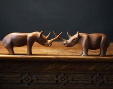 Vintage Hand Carved Wooden Rhinoceros Pair Figurines 20cm Folk Art