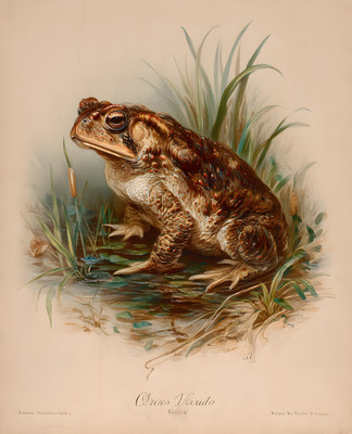 Brown Toad Sitting at Water's Edge Among Reeds Print - 306098851