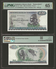 ZIMBABWE $20 Dollars 1983, P-4c* REPLACEMENT, PMG 65 EPQ Gem UNC Rare DW-Prefix
