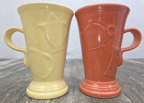HLC Fiesta Ware Persimmon & Sunflower Yellow 20 Oz Cappuccino Mugs 6" Tall Y2K