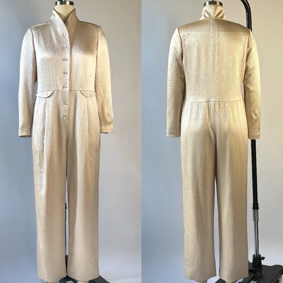 Vintage 80s Geoffrey Beene Ivory Hammered Satin Jumpsuit M - Image 2 of 4
