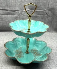 California Pottery MCM Two Tier Tidbit Candy Bowl Server Turquoise Gold #613