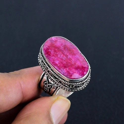 Red Kashmiri Ruby Oval 925 Sterling Silver Ethnic Vintage Adjustable Ring VJ 987