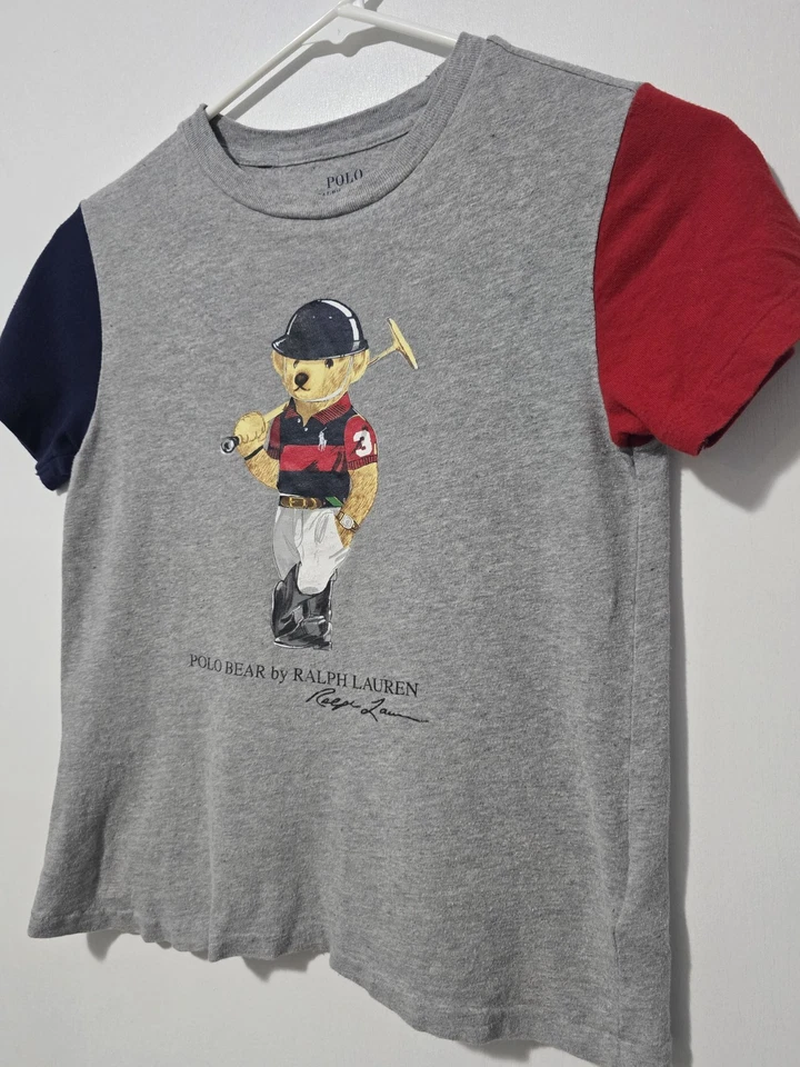 POLO RALPH LAUREN Polo Bear Grey Color Block T-Shirt Youth Size 7 - Image 4 of 4