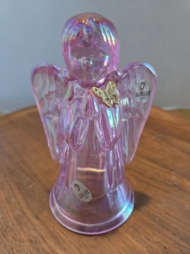 Vintage Fenton Pink Iridescent Carnival Glass  Praying Angel Gold Butterfly