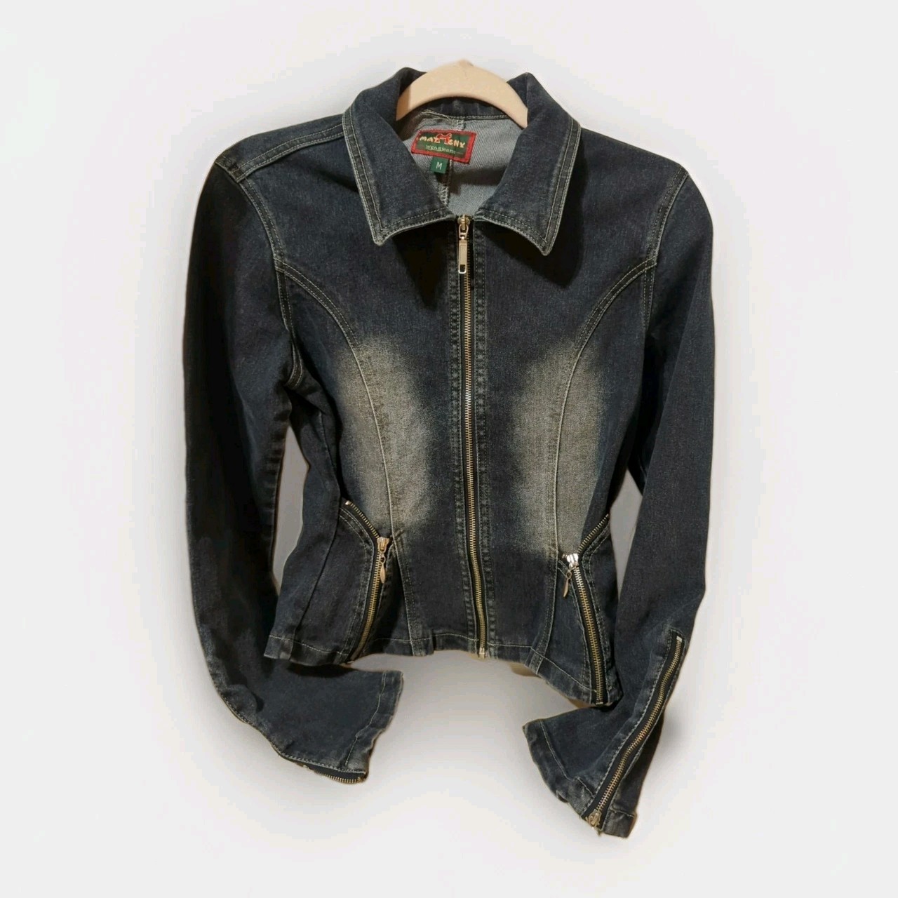 Denim Jacket Womens M Dark Wash Denim Biker Moto Cowgirl Western Motorcycle-image