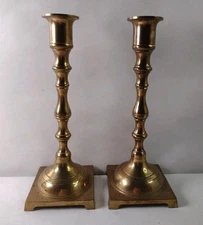 Vintage Solid Brass 8" Candlestick Holders Square Base Set Of 2 Nice Pair