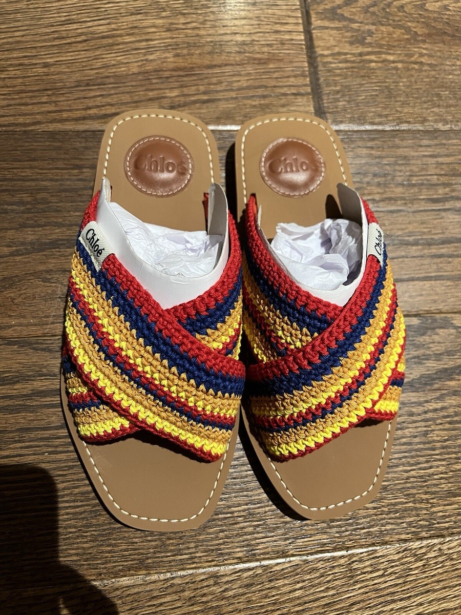 サンダル・ミュール Woody striped crocheted slides Chloé Woody Striped Crochet Sandals Red Multi 37EU | eBay