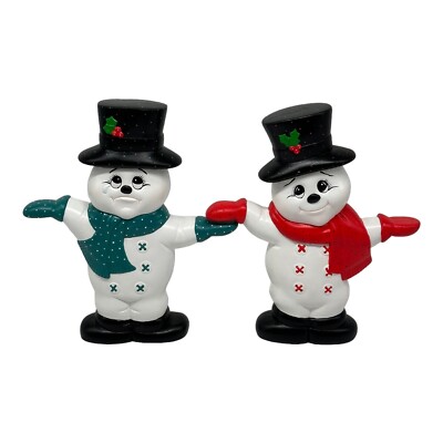 Vintage Set Of 2 Double Sided Emotion/Feeling Face Ceramic Snowmen Figurines