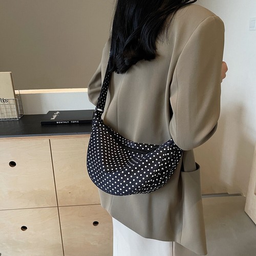 Crossbody Bag for Women Half Moon Shape Hobo Bag Canvas Handbag(Black polka dot) - Picture 9 of 9