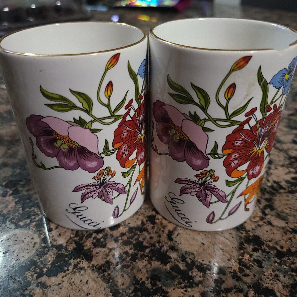 Vintage Gucci Porcelain Tumbler with Gold Rim Floral Decor C Photos