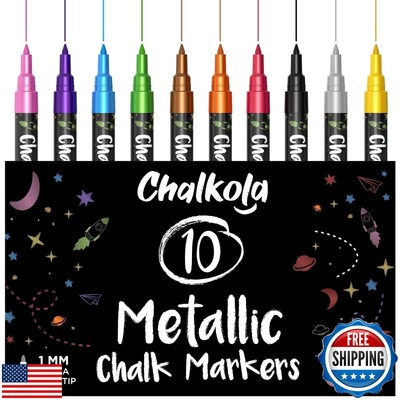 Chalkola Extra Fine Tip Metallic Chalk Markers (10 Pack, 1mm Point) - Liquid 
