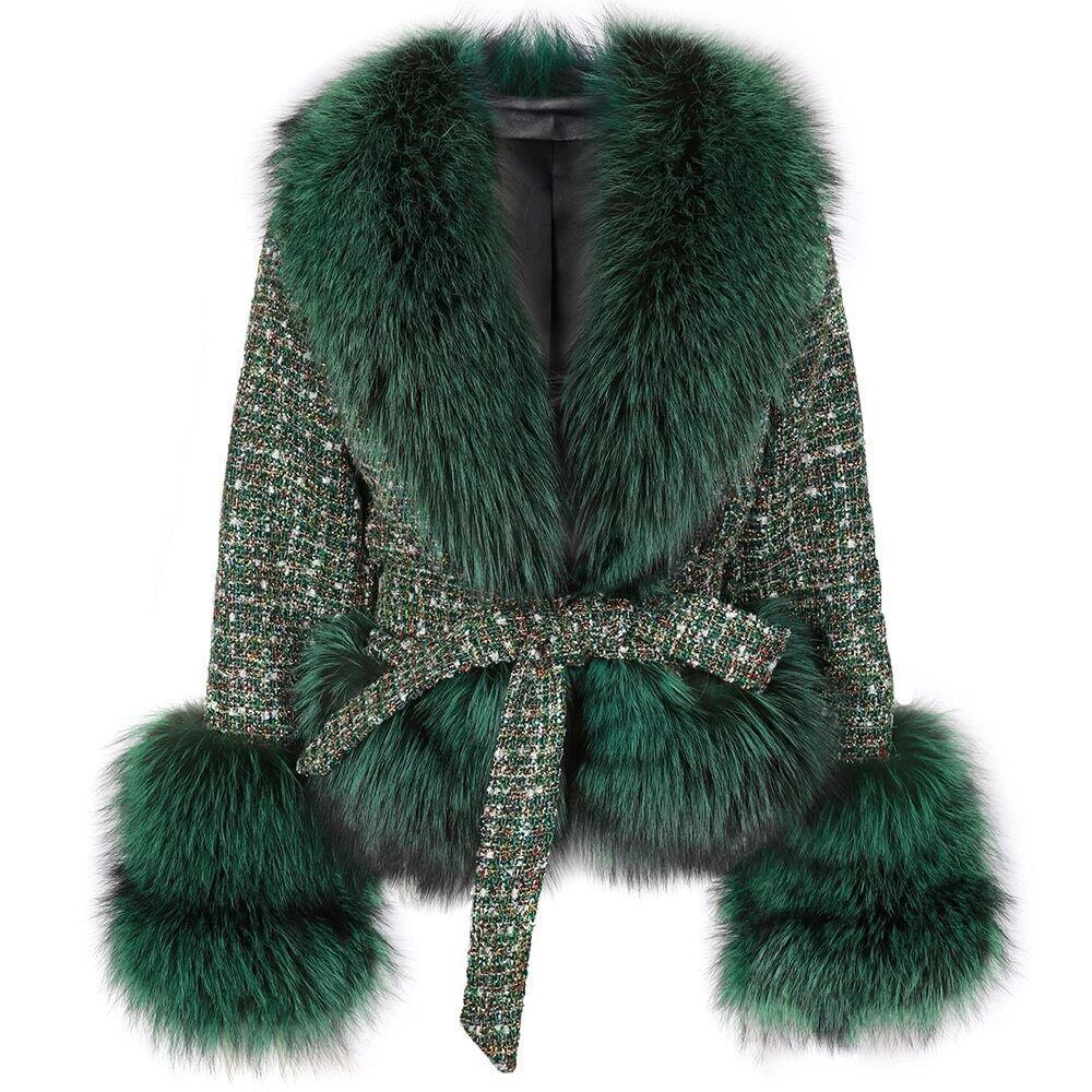 Green fur shop trim coat