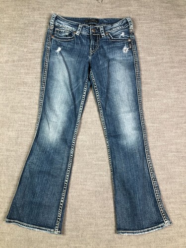 Silver Jeans Womens 28 Blue Suki Faux Flap Pockets Embroidered Flare Distressed - Bild 2 von 14