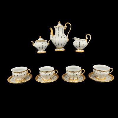 MEISSEN GOLDEN BAROQUE DEMITASSE TEA POT SUGAR & CREAMER 4 CUPS 4 SAUCERS X-FORM