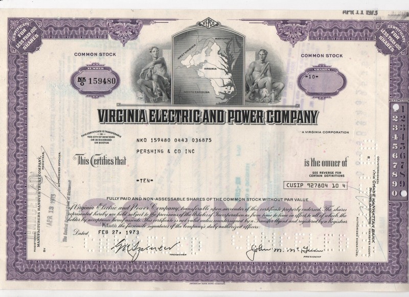 1973 Virginia Electric and Power Cancelled Stock Certificate 10 Shares