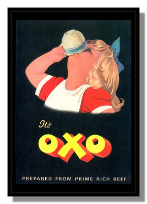 OXO Rinderfondwürfel Soße gerahmt Repro Werbung junges Mädchen Schleife im Haar aus 50er Jahren