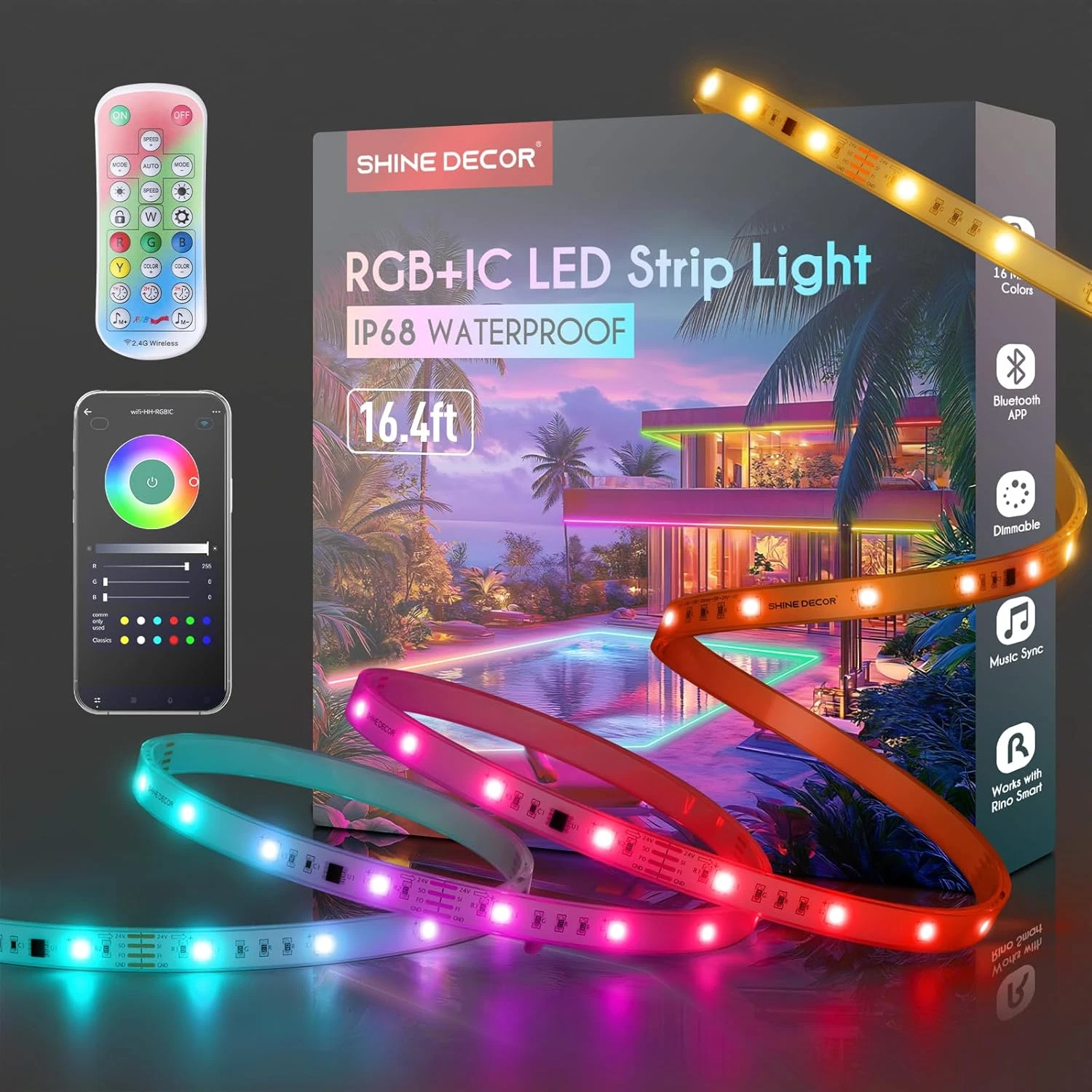 IP68 RGB LED Strip Light 16.4FT, Music Sync, Remote Control for Outdoor Decor