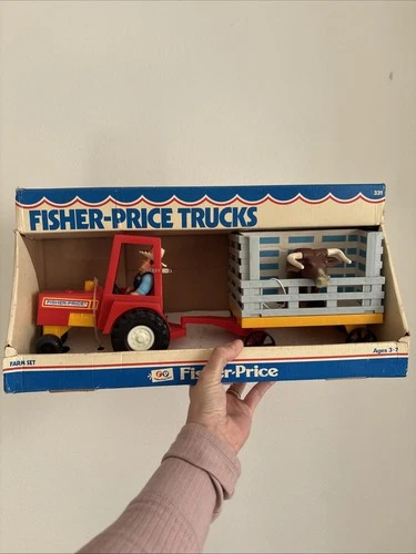 VINTAGE FISHER-PRICE TRUCKS FARM SET WITH HUSKY FARMER AND BULL #331 IN BOX 1979