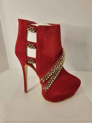 Mascotte Red Suede 6'' Ankle Booties Stiletto Heel Gold Chains Gems Cut Out - NEW