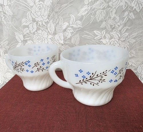 Pair Of Vintage Milkglass Termocrisa Blue Floral Cup Mug