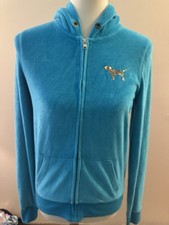 Victoria s Secret Love Pink Teal Blue Vintage Velour Sequin Bling Hoodie S