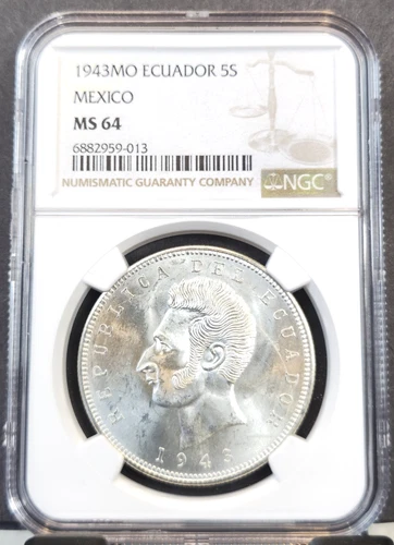 1943 ECUADOR SILVER 5 SUCRES ANTONIO JOSE DE SUCRE NGC MS 64 BEAUTIFUL BU COIN