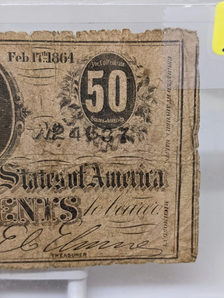 Civil War Era 1864 Confederate States of America Fifty Cents Note #984 - Image 4 of 4