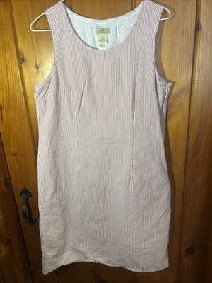 LL Bean Women s Dress 10R Seersucker Red White Striped Cotton Lined Cottage Core