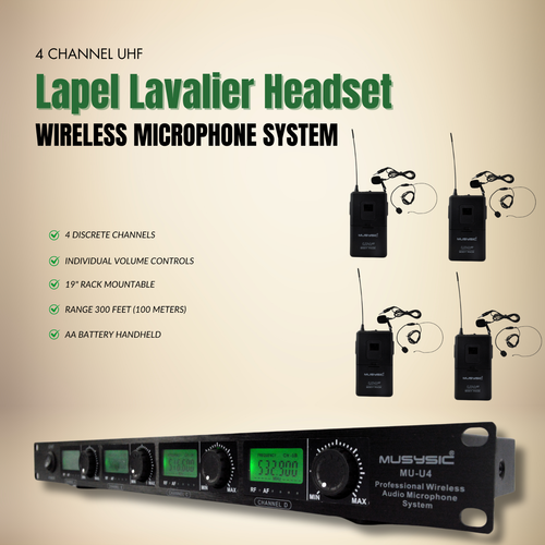MUSYSIC 4 canales UHF solapa / Lavalier & Headset Sistema de micrófono inalámbrico UHF - Imagen 2 de 8