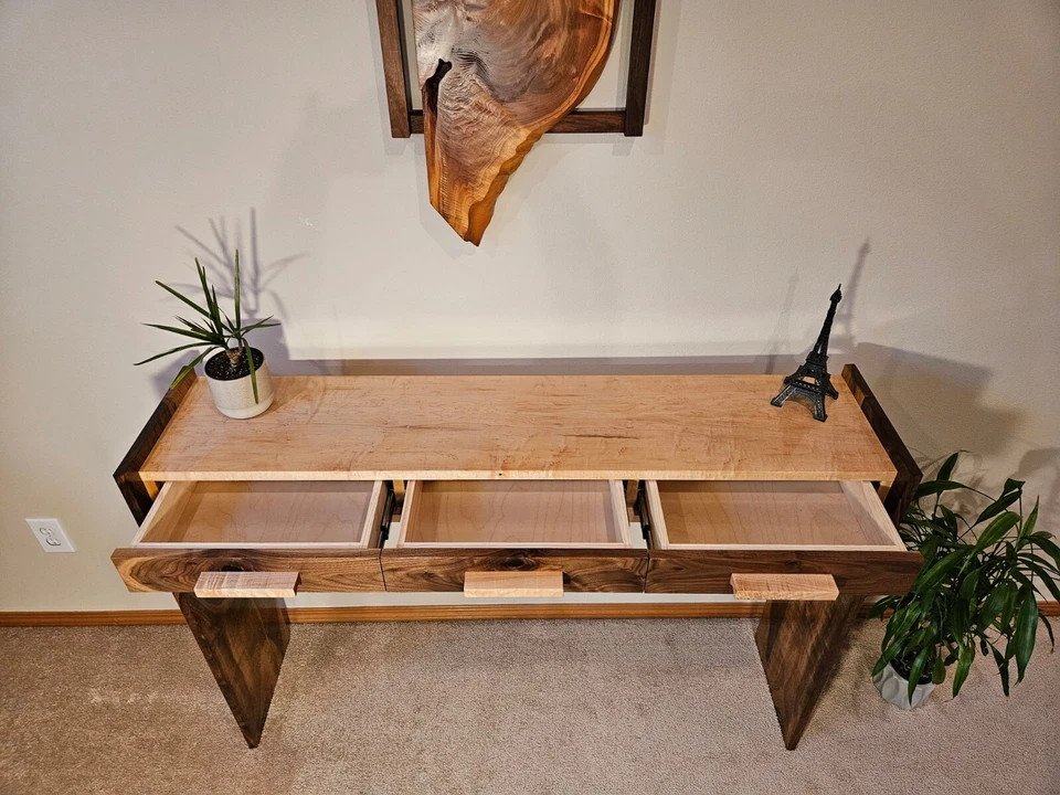 Modern Natural Wood Console & Entryway Table with 3 Drawers # 5 - Image 3 of 4