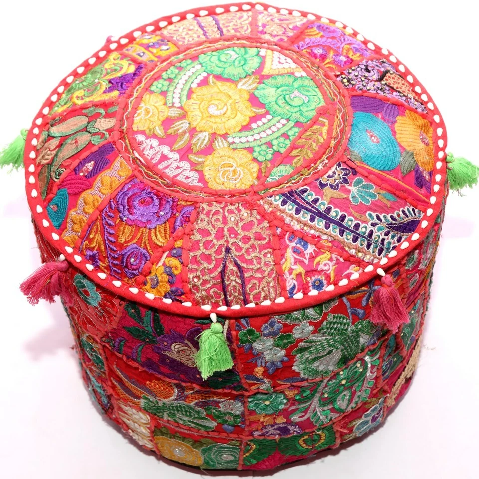 Capa de cadeira 18" indiana bordada à mão otomana pufe pé assento vermelho - Imagem 3 de 4