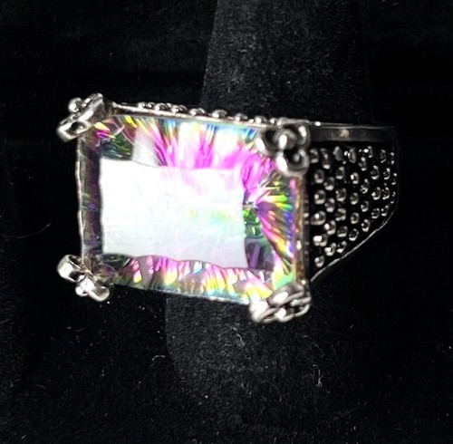 Mystic Topaz Rectangle Silver Tone Ring Sz 7 Fantasy Mystical 20 mm x 14 mm - Picture 6 of 6