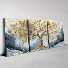 3pcs  Elegant Golden Tree with Mountains Abstract Wall Art Canvas Framed 50x70cm